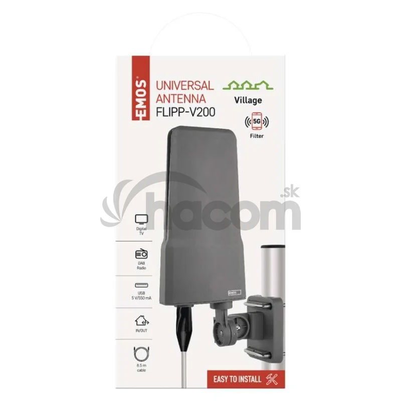 Anténa univerzálna VILLAGE FLIPP–V200, DVB-T2, DAB, filter LTE/4G/5G