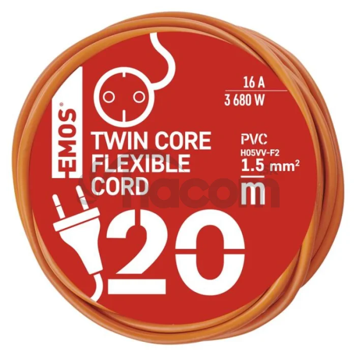 Dvojžilový pohyblivý prívod 20 m / 1 zásuvka / oranžový / PVC / 230 V / 1,5 mm2