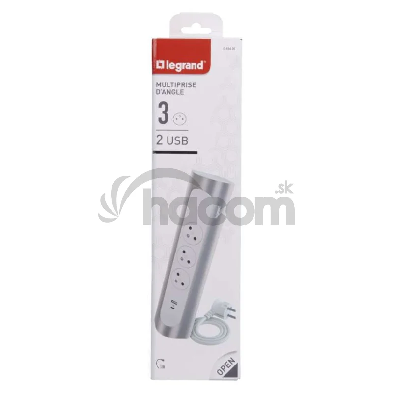 Legrand predlžovací kábel 1 m / 3 zásuvky / s USB / hliník-biela / PVC / 1,5 mm2