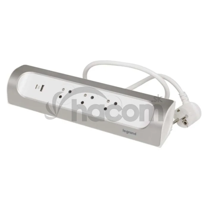 Legrand predlžovací kábel 1 m / 3 zásuvky / s USB / hliník-biela / PVC / 1,5 mm2