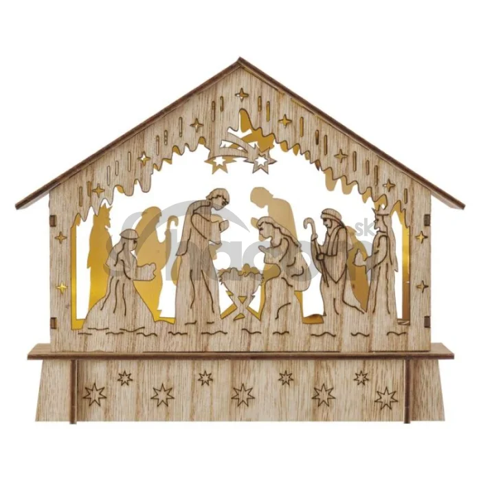 LED vianočný betlehem drevený, 15 cm, 2x AA, vnútorný, teplá biela, časovač