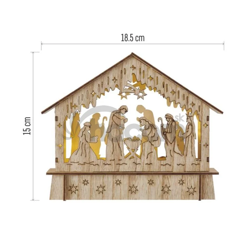 LED vianočný betlehem drevený, 15 cm, 2x AA, vnútorný, teplá biela, časovač