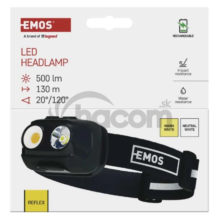 COB LED nabíjacia čelovka P3542, 500 lm, 130 m, Li-pol 1200 mAh