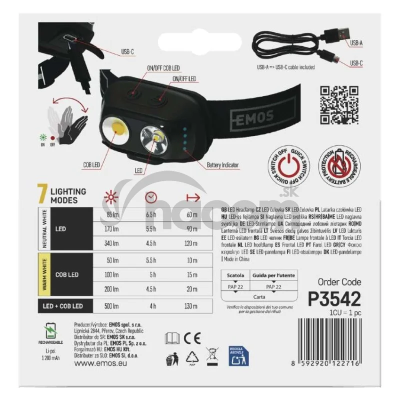 COB LED nabíjacia čelovka P3542, 500 lm, 130 m, Li-pol 1200 mAh
