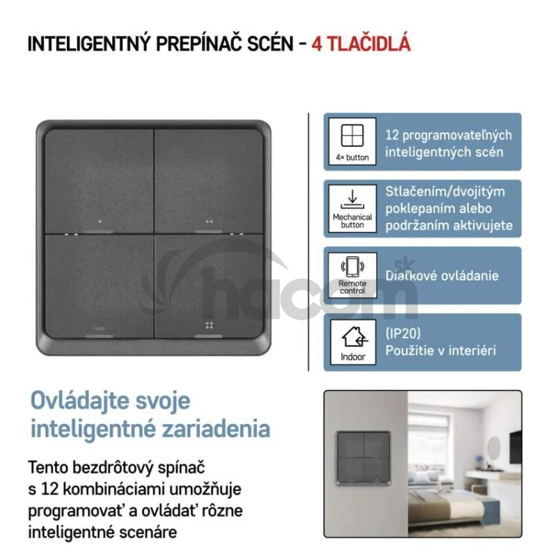 GoSmart Prenosný ovládač scén IP-2004ZB, ZigBee 3.0, 4-tlačidlový