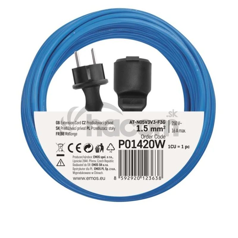 Špeciálny predlžovací kábel 20 m / 1 zásuvka / PVC / 230 V / 1,5 mm2