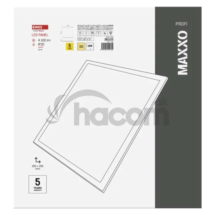 LED panel MAXXO 60 x 60 cm / 10 mm, 36 W, 4 100 lm, vstavaný, teplá biela, UGR<19, IP20