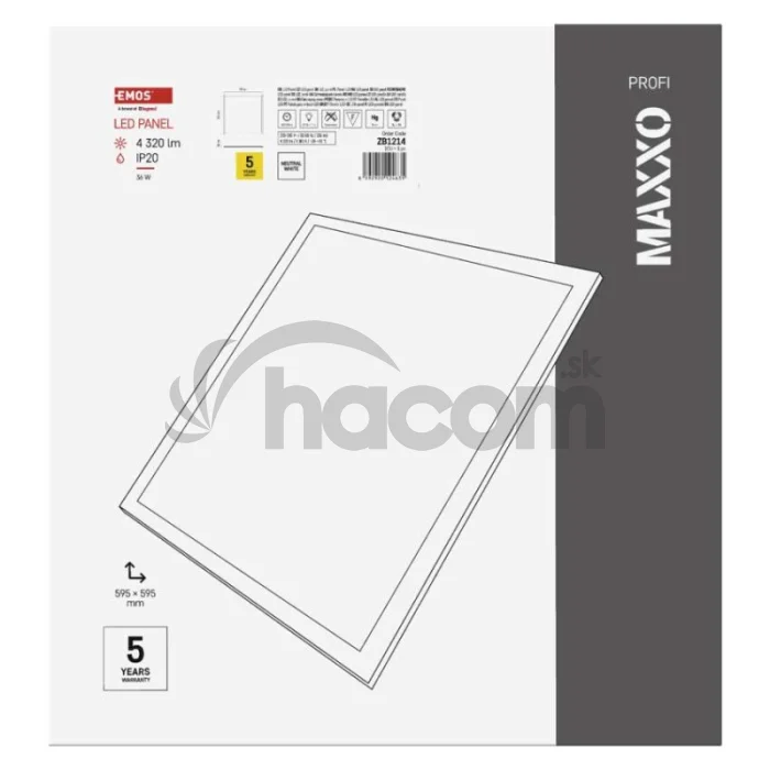 LED panel MAXXO 60 x 60 cm / 10 mm, 36 W, 4 320 lm, vstavaný, neutrálna biela, IP20