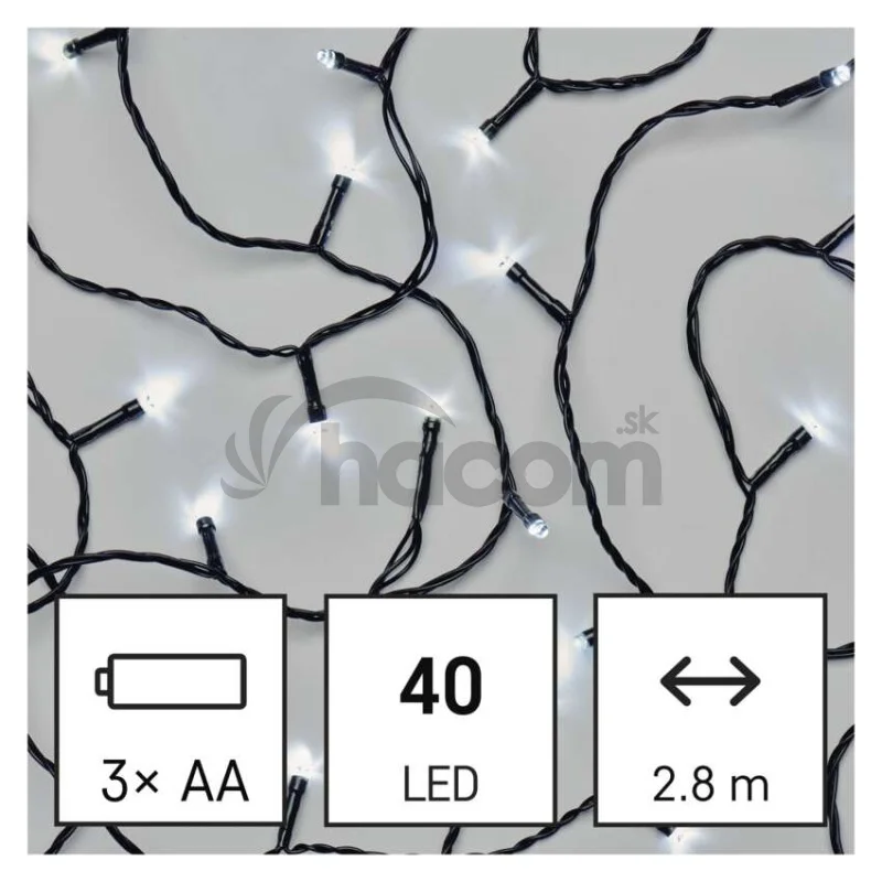 LED vianočná reťaz, 2,8 m, 3x AA, vonkajšia aj vnútorná, studená biela, časovač