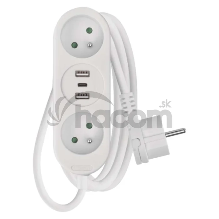 Predlžovací kábel 2 m / 2 zásuvky+2×USB A+1×USB C / biely / PVC / 1 mm2