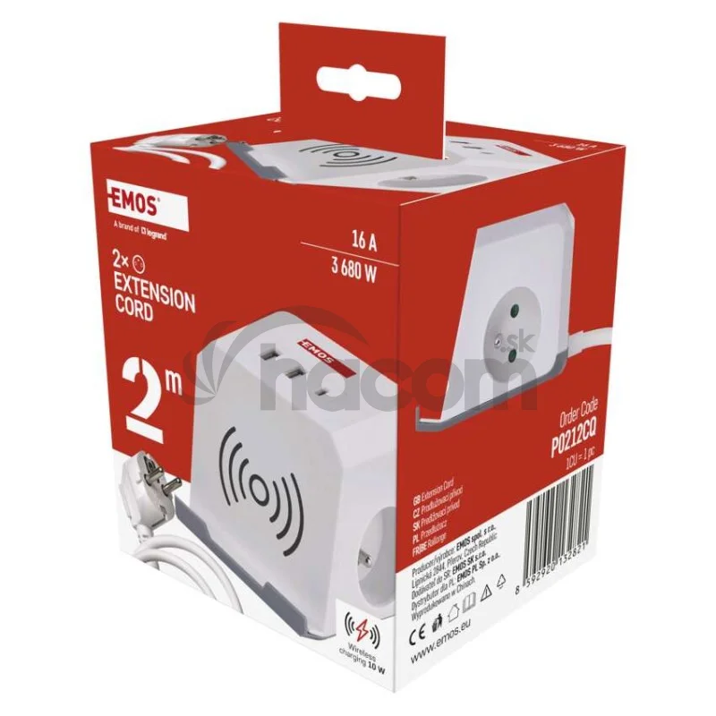 Predlžovací kábel - kocka 2 m / 2 zásuvky / biely / 2×USB-A + 1×USB-C+Qi / 1,5 mm2
