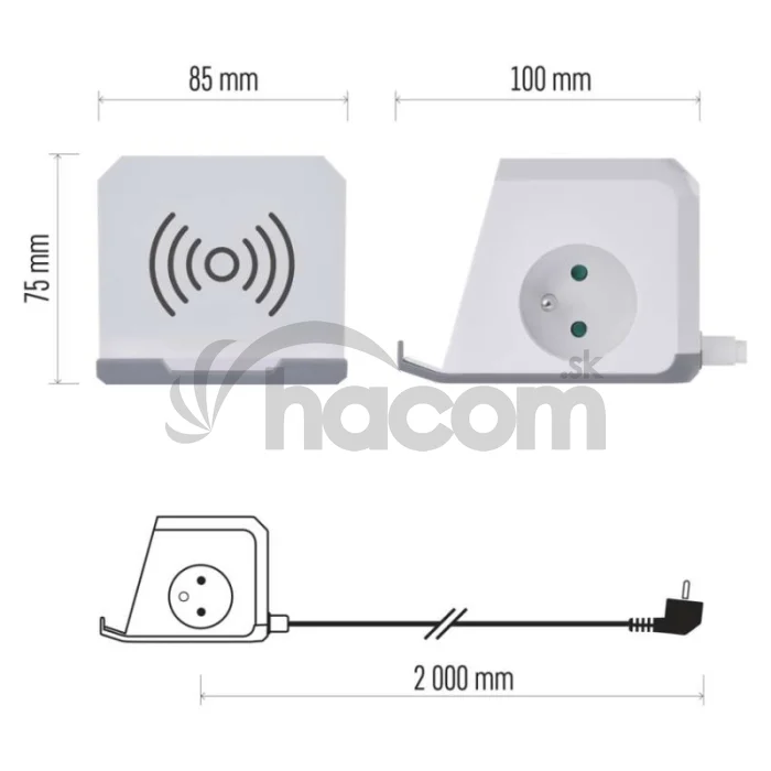 Predlžovací kábel - kocka 2 m / 2 zásuvky / biely / 2×USB-A + 1×USB-C+Qi / 1,5 mm2