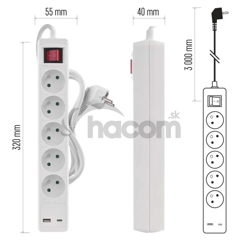 Predlžovací kábel 3 m / 5 zásuvky / s vypínačom / biely / 1×USB-A + 1×USB-C / 1,5 mm2