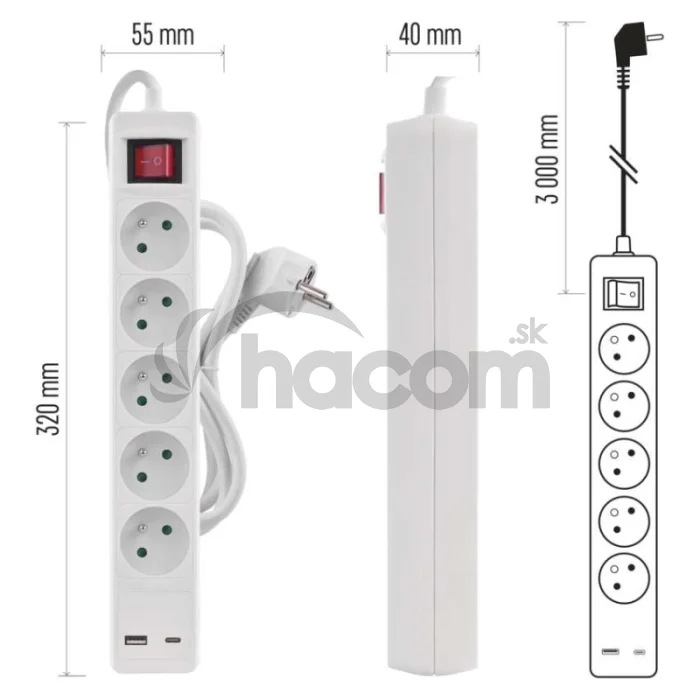 Predlžovací kábel 3 m / 5 zásuvky / s vypínačom / biely / 1×USB-A + 1×USB-C / 1,5 mm2