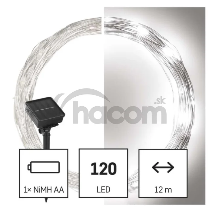 LED nano reťaz so solárnym panelom, medená, 12 m, vonkajšia aj vnút, studená biela, časova