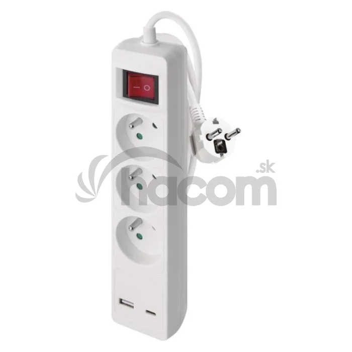 Predlžovací kábel 2 m / 3 zásuvky / s vypínačom / biely / 1×USB-A + 1×USB-C / 1,5 mm2