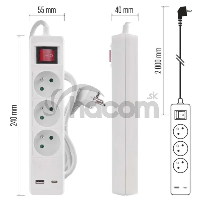 Predlžovací kábel 2 m / 3 zásuvky / s vypínačom / biely / 1×USB-A + 1×USB-C / 1,5 mm2