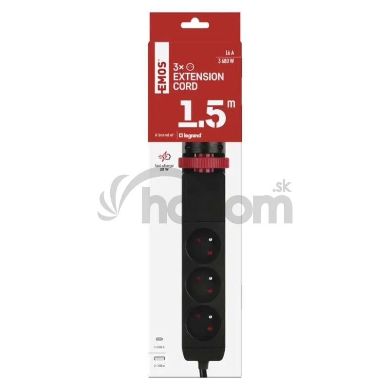 Predlžovací kábel 1,5 m/3 zásuvky/vypínač/stolný držiak/USB/čierny/PVC/1,5 mm2