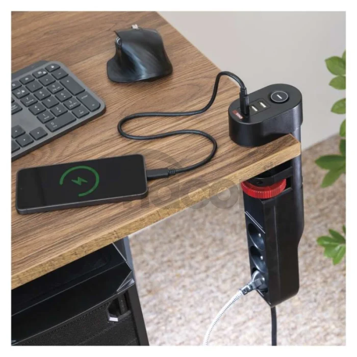 Predlžovací kábel 1,5 m/3 zásuvky/vypínač/stolný držiak/USB/čierny/PVC/1,5 mm2