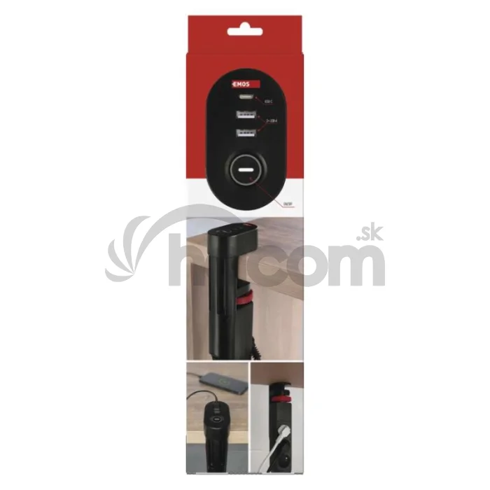Predlžovací kábel 1,5 m/3 zásuvky/vypínač/stolný držiak/USB/čierny/PVC/1,5 mm2