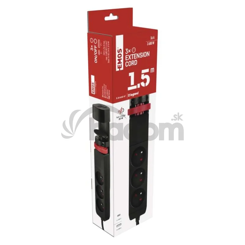 Predlžovací kábel 1,5 m/3 zásuvky/vypínač/stolný držiak/USB/čierny/PVC/1,5 mm2
