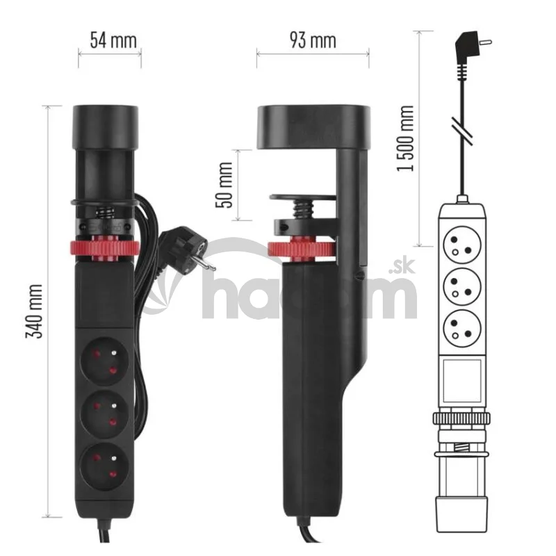Predlžovací kábel 1,5 m/3 zásuvky/vypínač/stolný držiak/USB/čierny/PVC/1,5 mm2