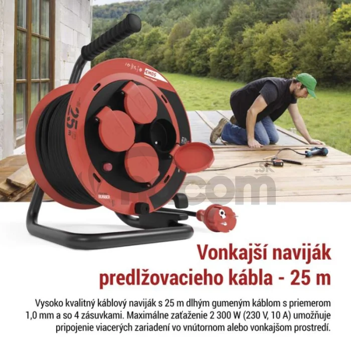 Vonkajší predlžovací kábel na bubne 25 m / 4 zásuvky / guma / 230 V / 1,0 mm2 / IP44