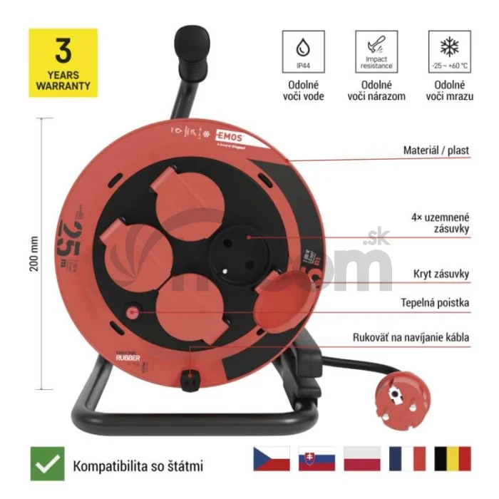 Vonkajší predlžovací kábel na bubne 25 m / 4 zásuvky / guma / 230 V / 1,0 mm2 / IP44