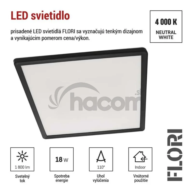 LED prisadené svietidlo FLORI štvorcový, čierné, 18W, neutrálna biela