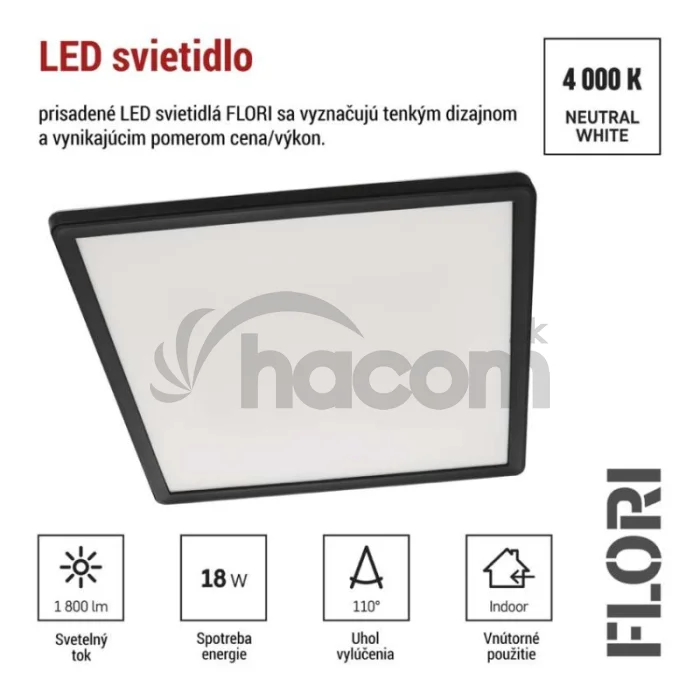 LED prisadené svietidlo FLORI štvorcový, čierné, 18W, neutrálna biela