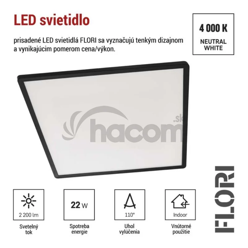 LED prisadené svietidlo FLORI štvorcový, čierné, 22W, neutrálna biela