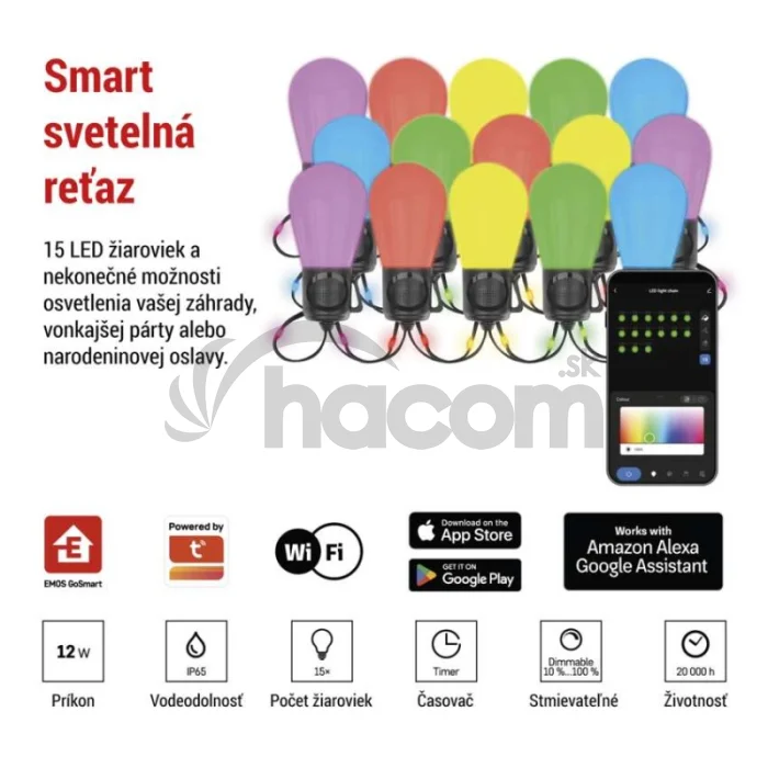 GoSmart LED svetelný reťazec – 15× párty žiarovky, 15 m, vonkajšie aj vnútorné, RGBIC WiFi