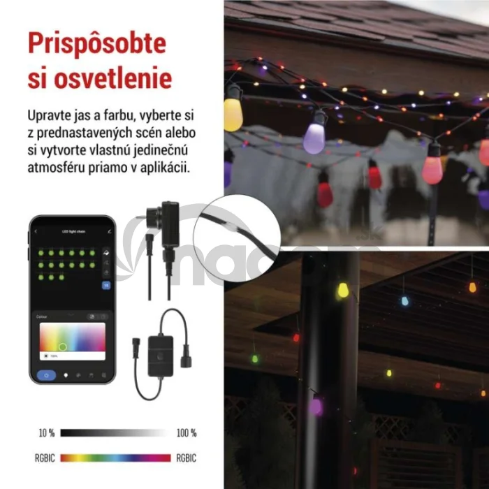 GoSmart LED svetelný reťazec – 15× párty žiarovky, 15 m, vonkajšie aj vnútorné, RGBIC WiFi