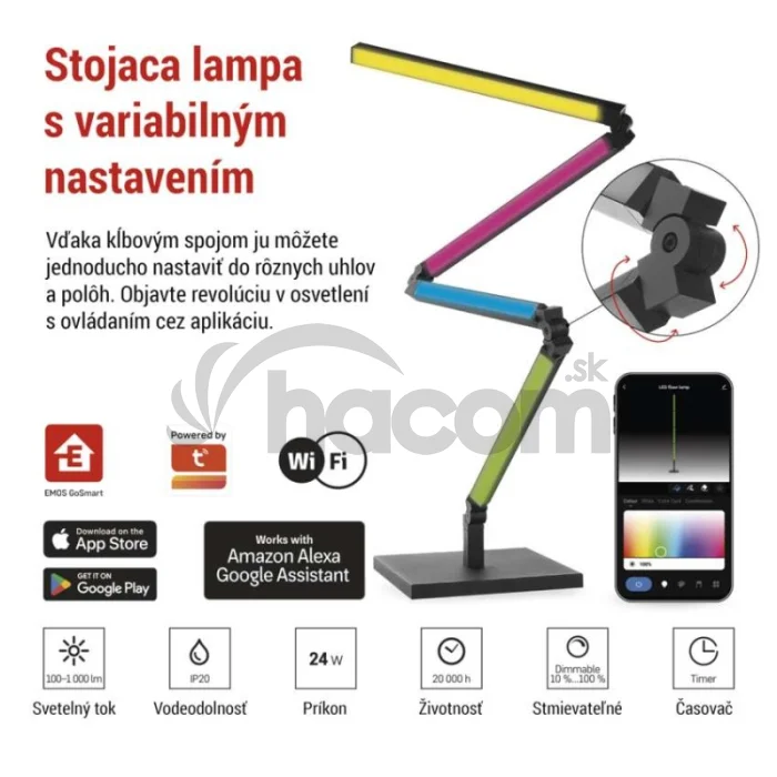 GoSmart LED stojaca lampa, čierna, 175 cm, teplá biela / RGBIC WiFi