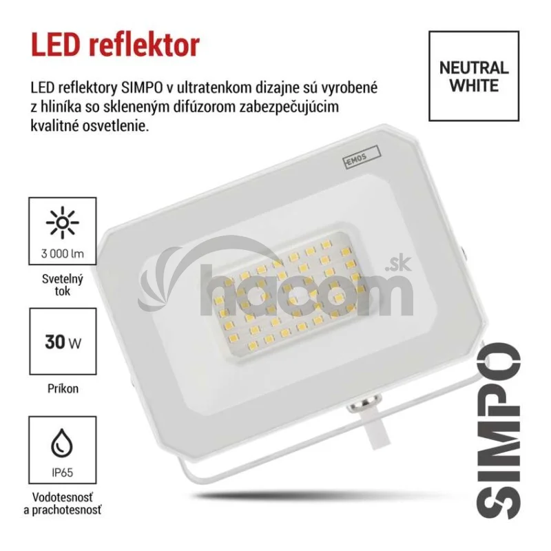 LED reflektor SIMPO 30W, biely, IP65, 3000 lm, neutrálna biela