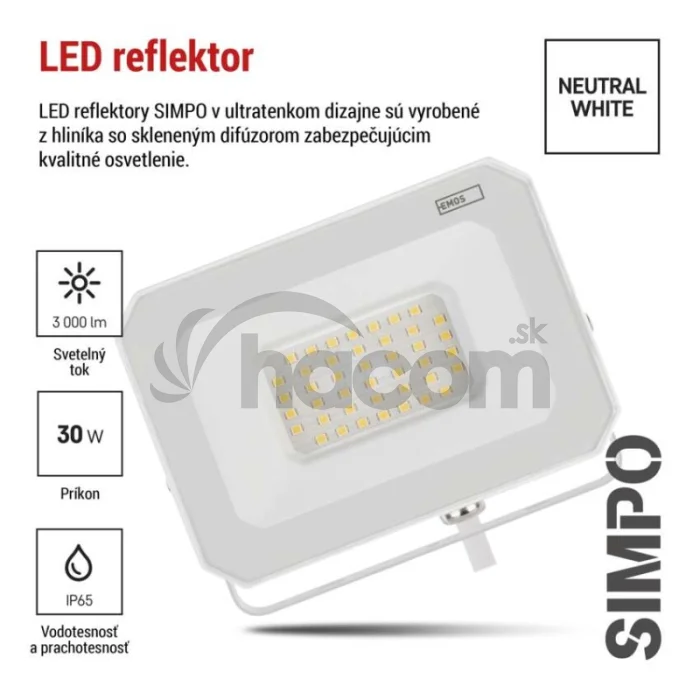 LED reflektor SIMPO 30W, biely, IP65, 3000 lm, neutrálna biela