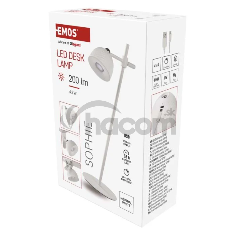 LED stolná lampa SOPHIE, dobíjacia, biela
