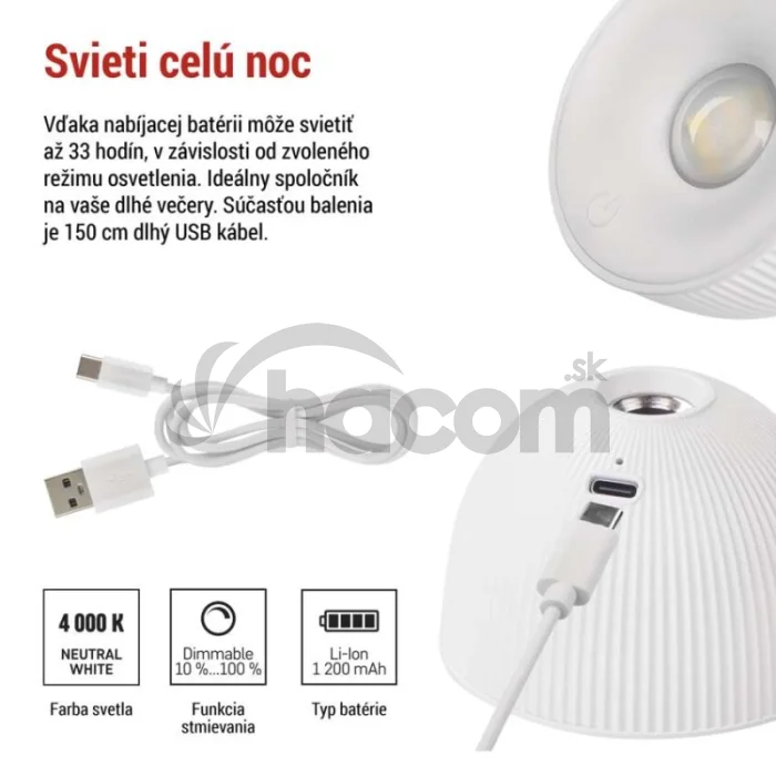LED stolná lampa SOPHIE, dobíjacia, biela