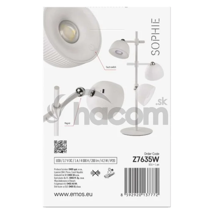 LED stolná lampa SOPHIE, dobíjacia, biela