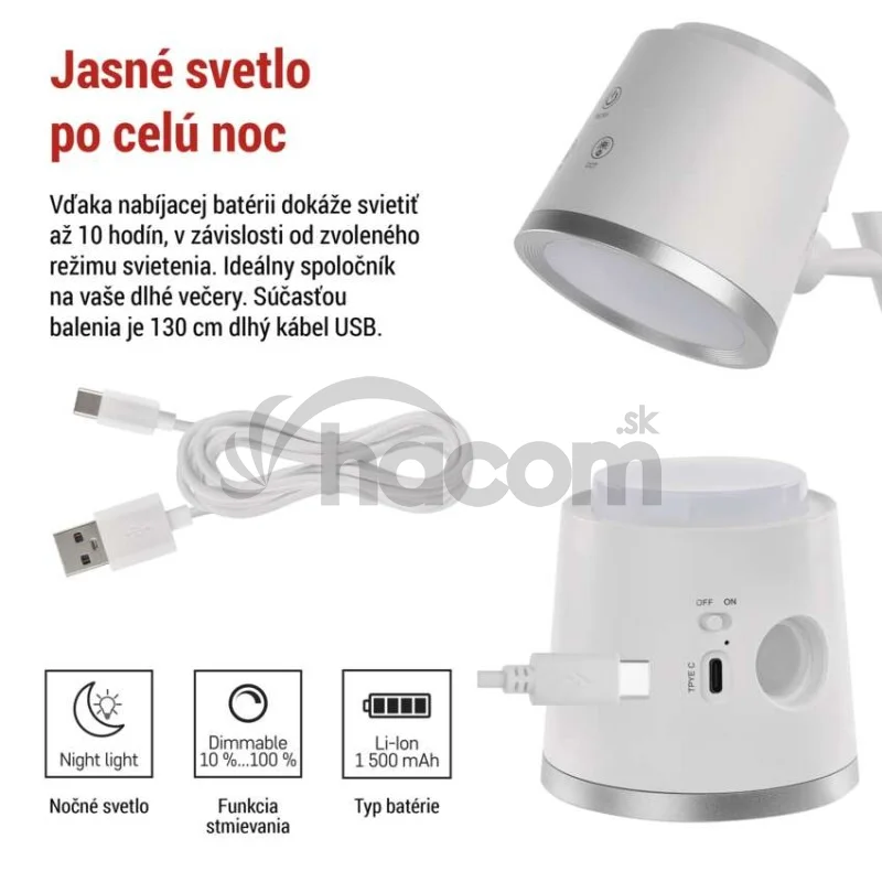 LED stolná lampa ABBIE, dobíjacia, biela