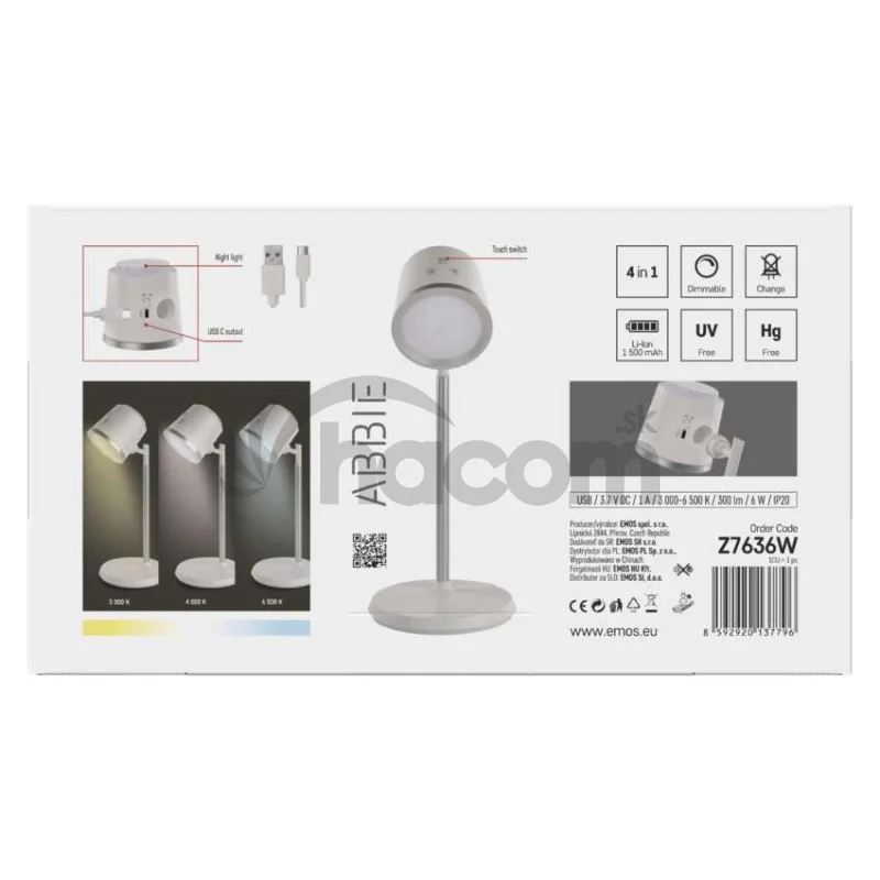LED stolná lampa ABBIE, dobíjacia, biela