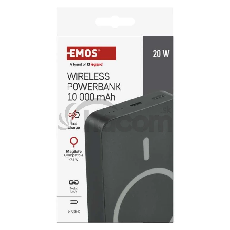 Power bank EMOS WI 1046, 10 000 mAh, 20 W+Wireless, šedá