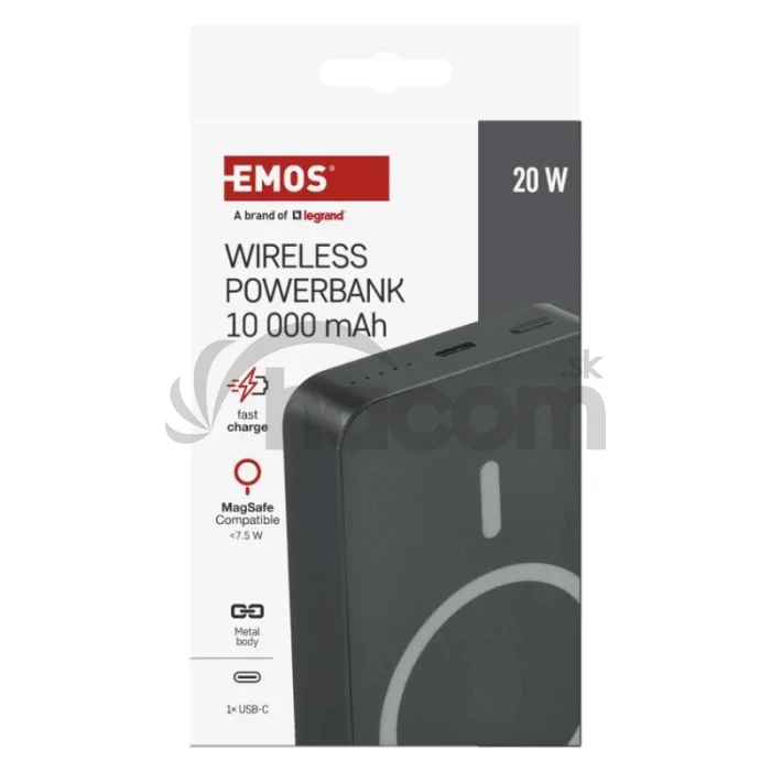 Power bank EMOS WI 1046, 10 000 mAh, 20 W+Wireless, šedá