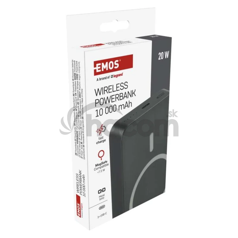 Power bank EMOS WI 1046, 10 000 mAh, 20 W+Wireless, šedá