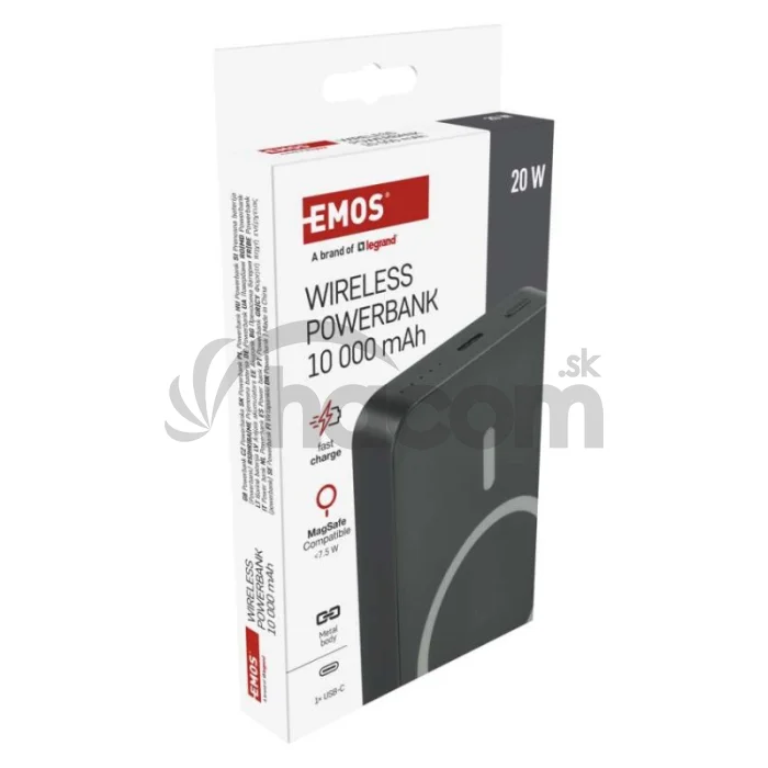 Power bank EMOS WI 1046, 10 000 mAh, 20 W+Wireless, šedá