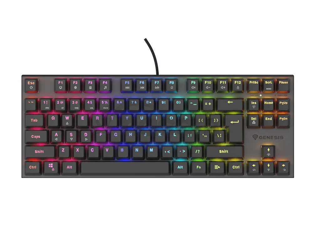 Genesis herná mechanická klávesnica THOR 303/TKL/RGB/Outemu Peach Silent/Drôtová USB/US layout/Čierna