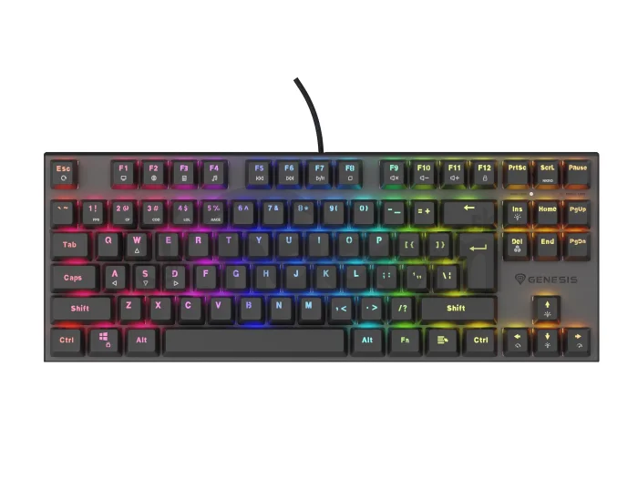 Genesis herná mechanická klávesnica THOR 303/TKL/RGB/Outemu Peach Silent/Drôtová USB/US layout/Čierna