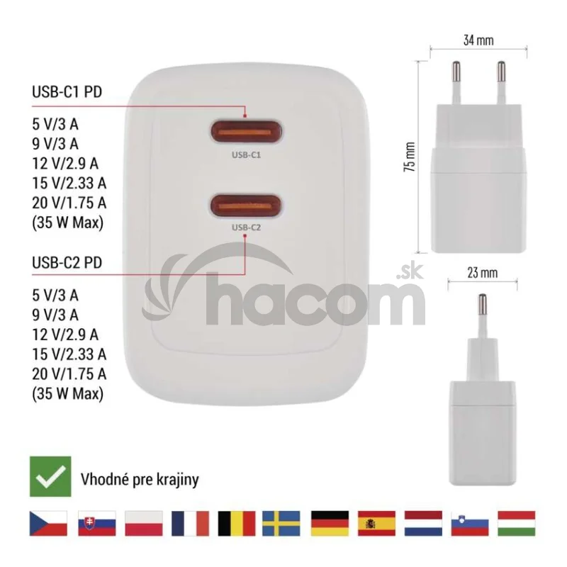 Univerzálny USB adaptér GaN do siete PD 35 W max.