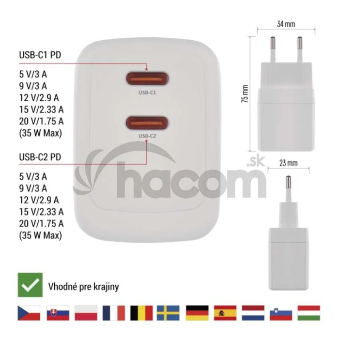 Univerzálny USB adaptér GaN do siete PD 35 W max.