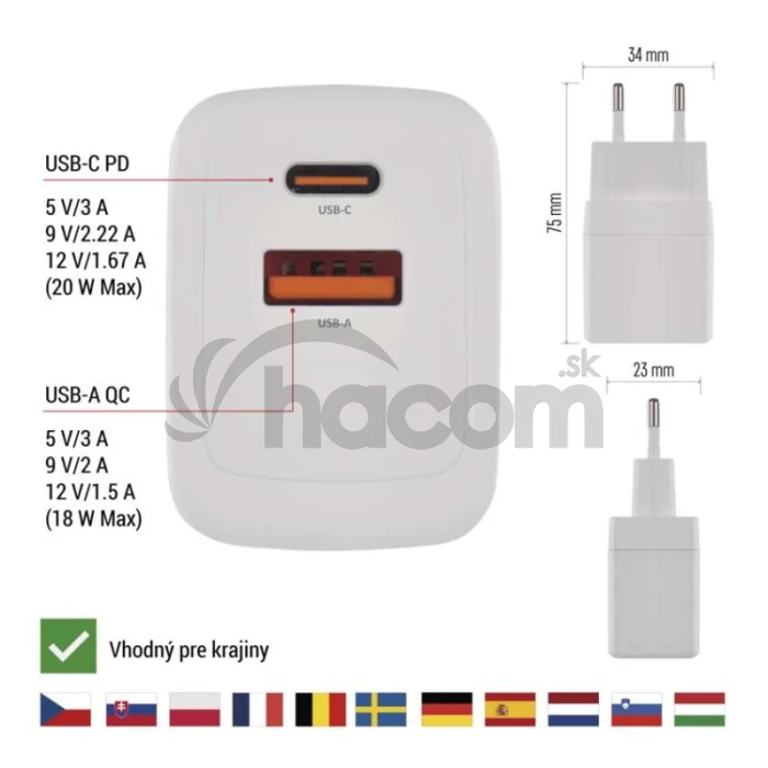 Univerzálny USB adaptér GaN do siete PD 20 W max.